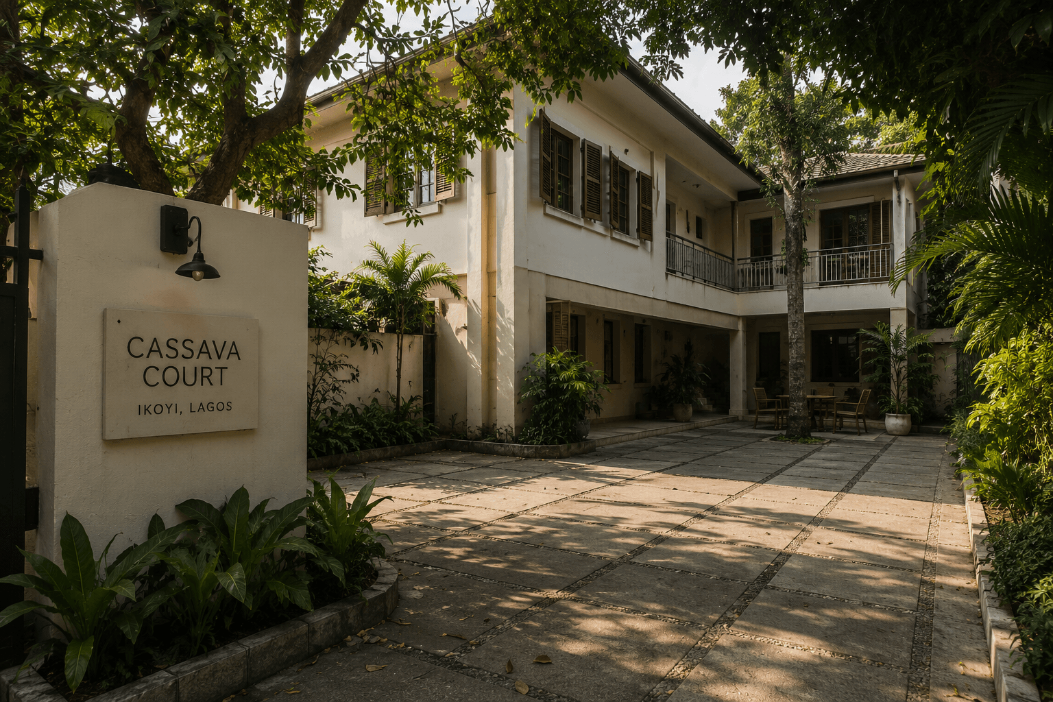 The gated entrance to Cassava Court in Ikoyi, with its sign beneath the trees.