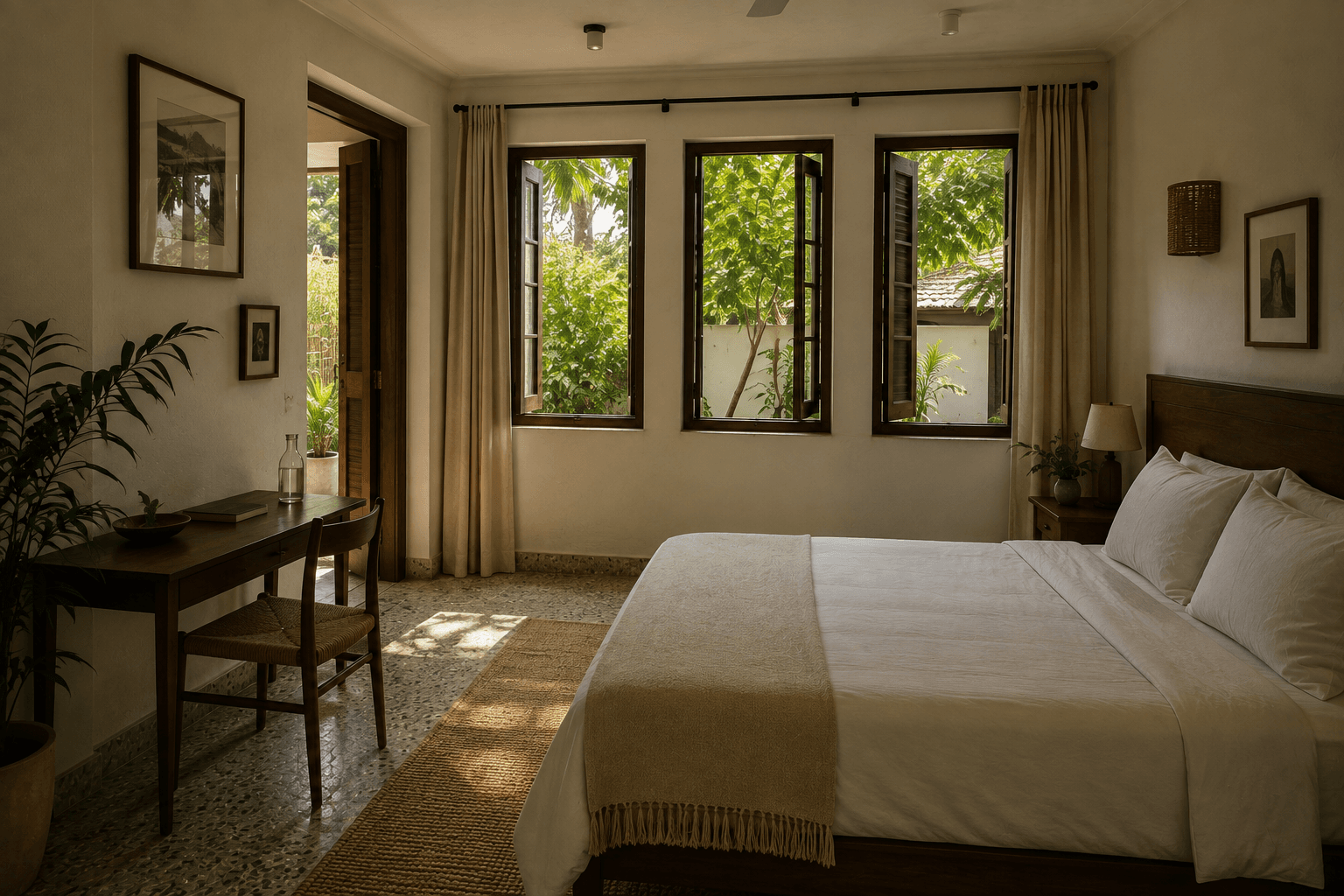 A bedroom at Cassava Court with an open door onto a leafy terrace.