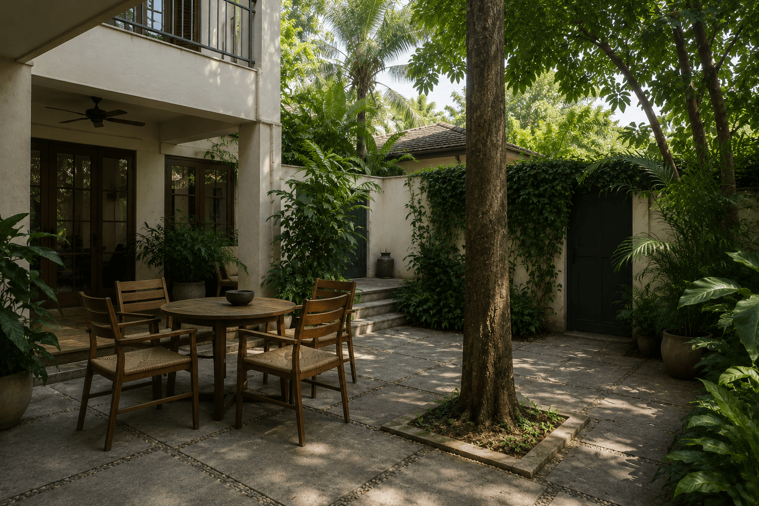 The garden courtyard at Cassava Court, with a table and chairs beneath the trees.