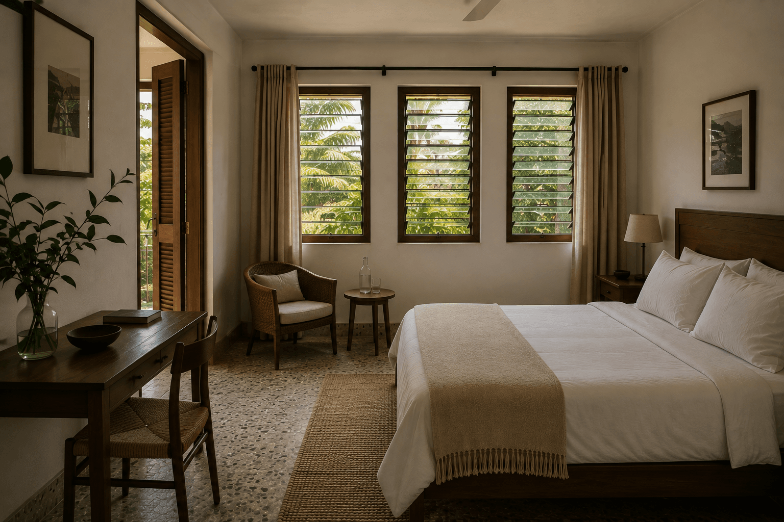 A bedroom at Cassava Court with louvre windows opening onto palms.