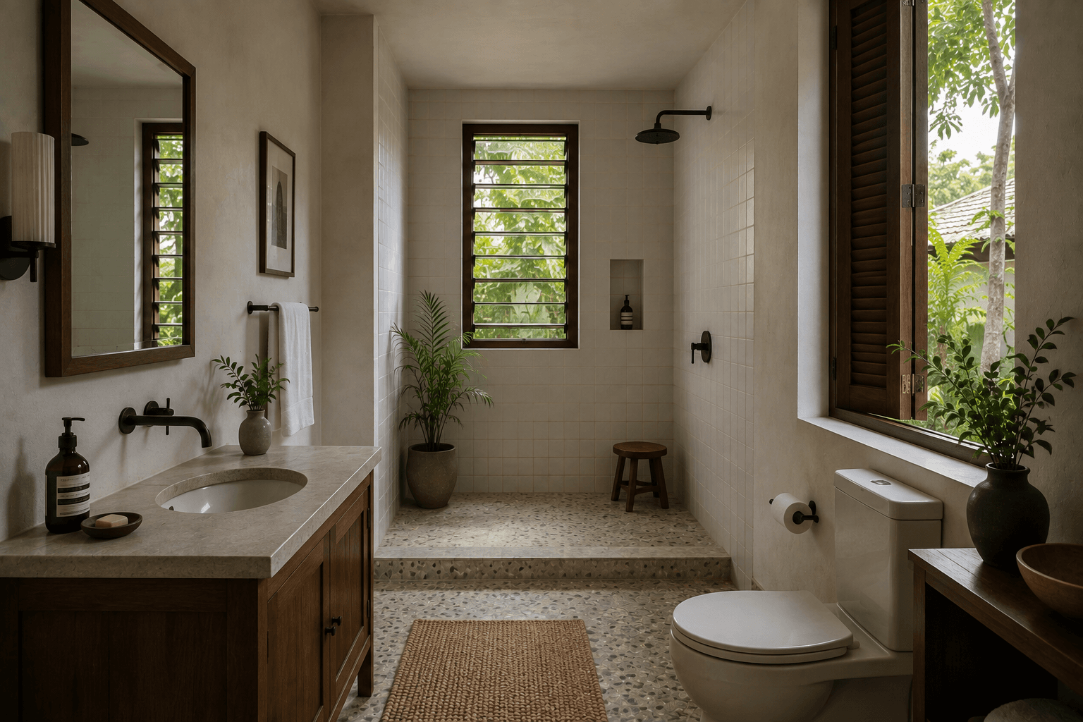 A bathroom at Cassava Court with a tiled walk-in shower and louvre window.