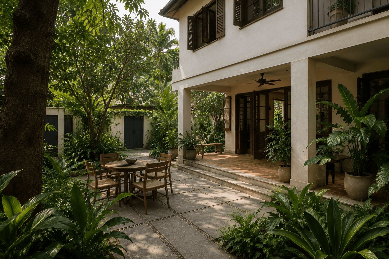 A shaded courtyard dining table beneath the veranda at Cassava Court.
