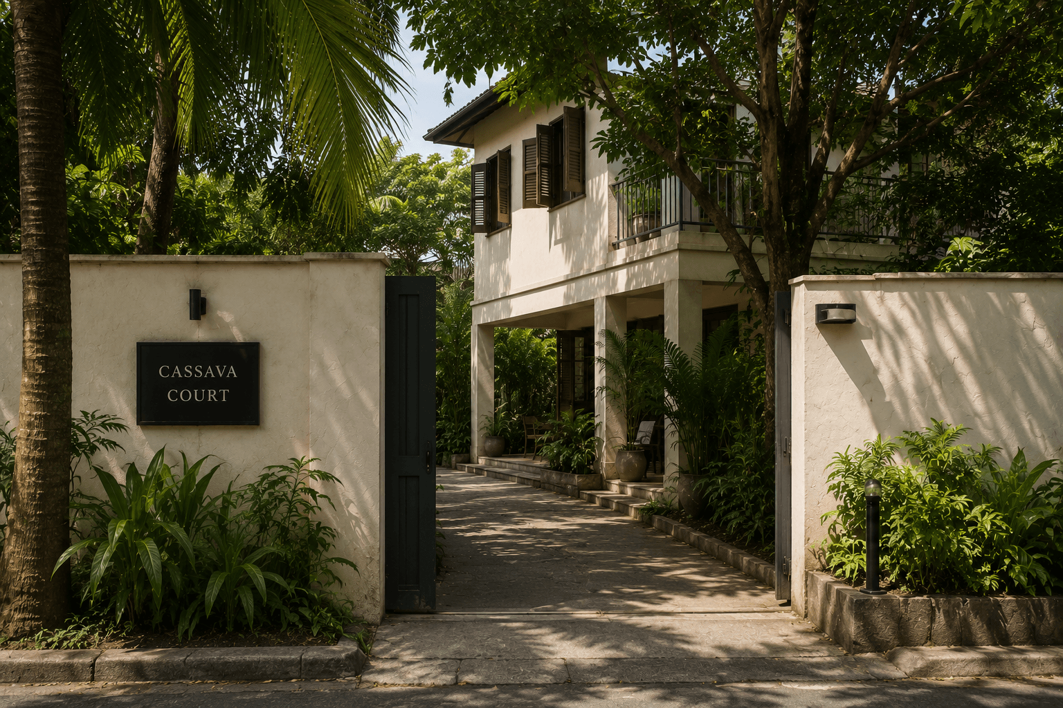 The street entrance to Cassava Court, gate open onto the driveway.