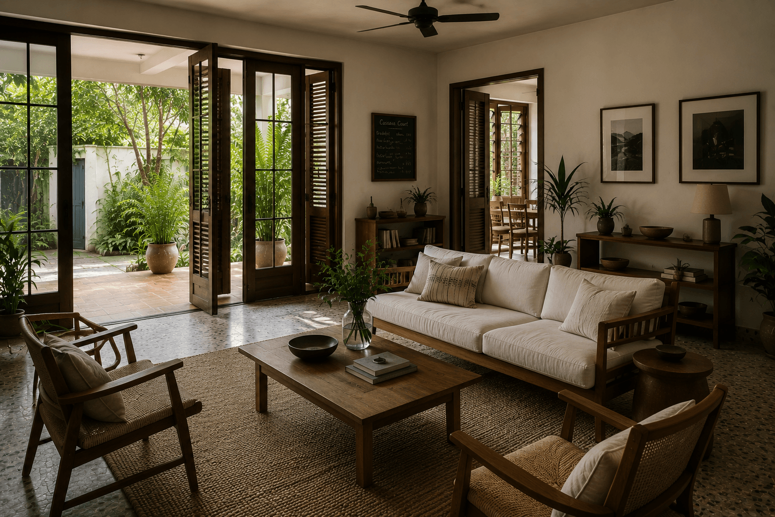 The living room at Cassava Court, with terrazzo floors and wicker armchairs.