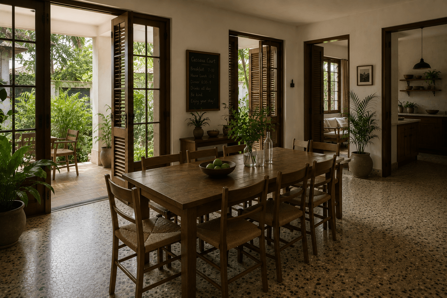 The communal dining table at Cassava Court, set for a shared meal.