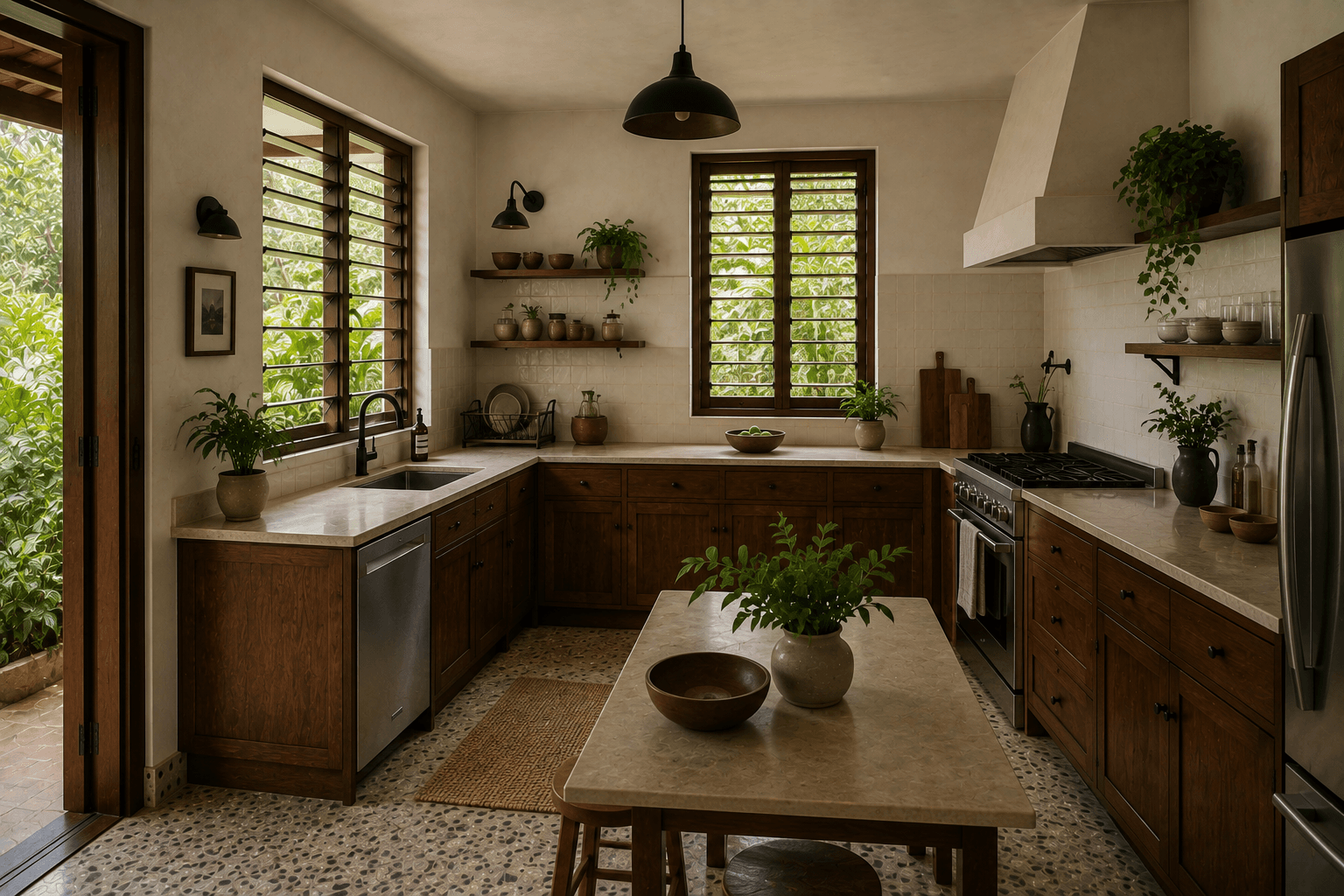 The kitchen at Cassava Court, with timber cabinetry and louvre windows.