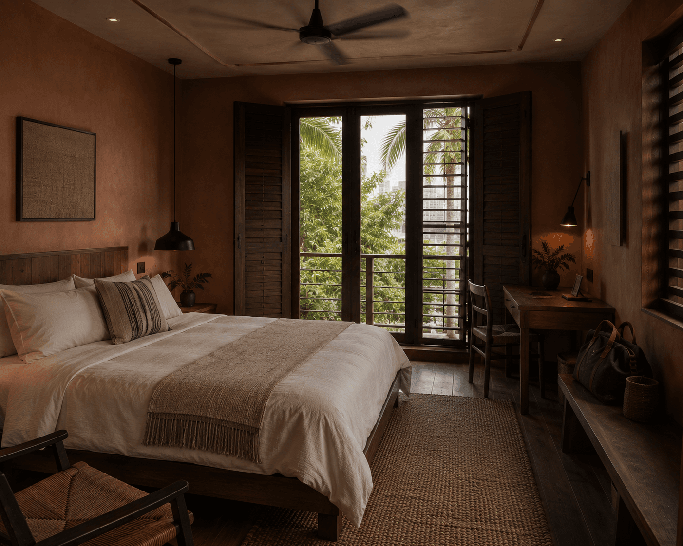 The Corner Room at Ember House, with two window exposures onto the city.