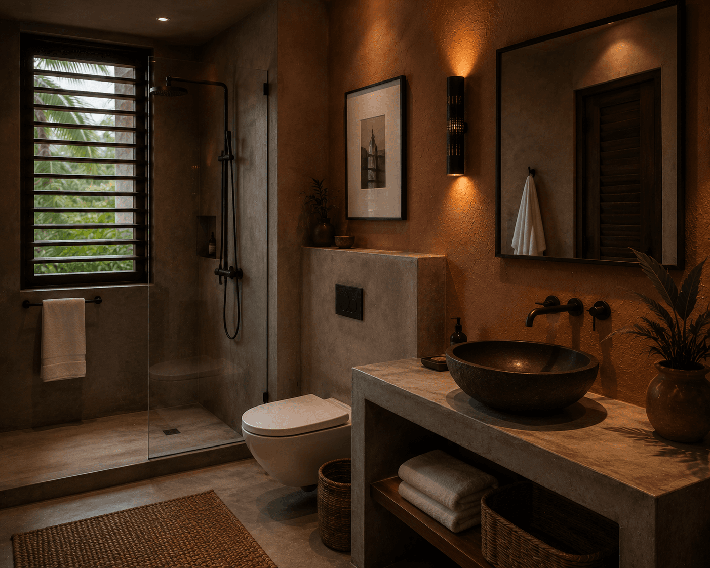 A bathroom at Ember House with a dark stone vessel sink.