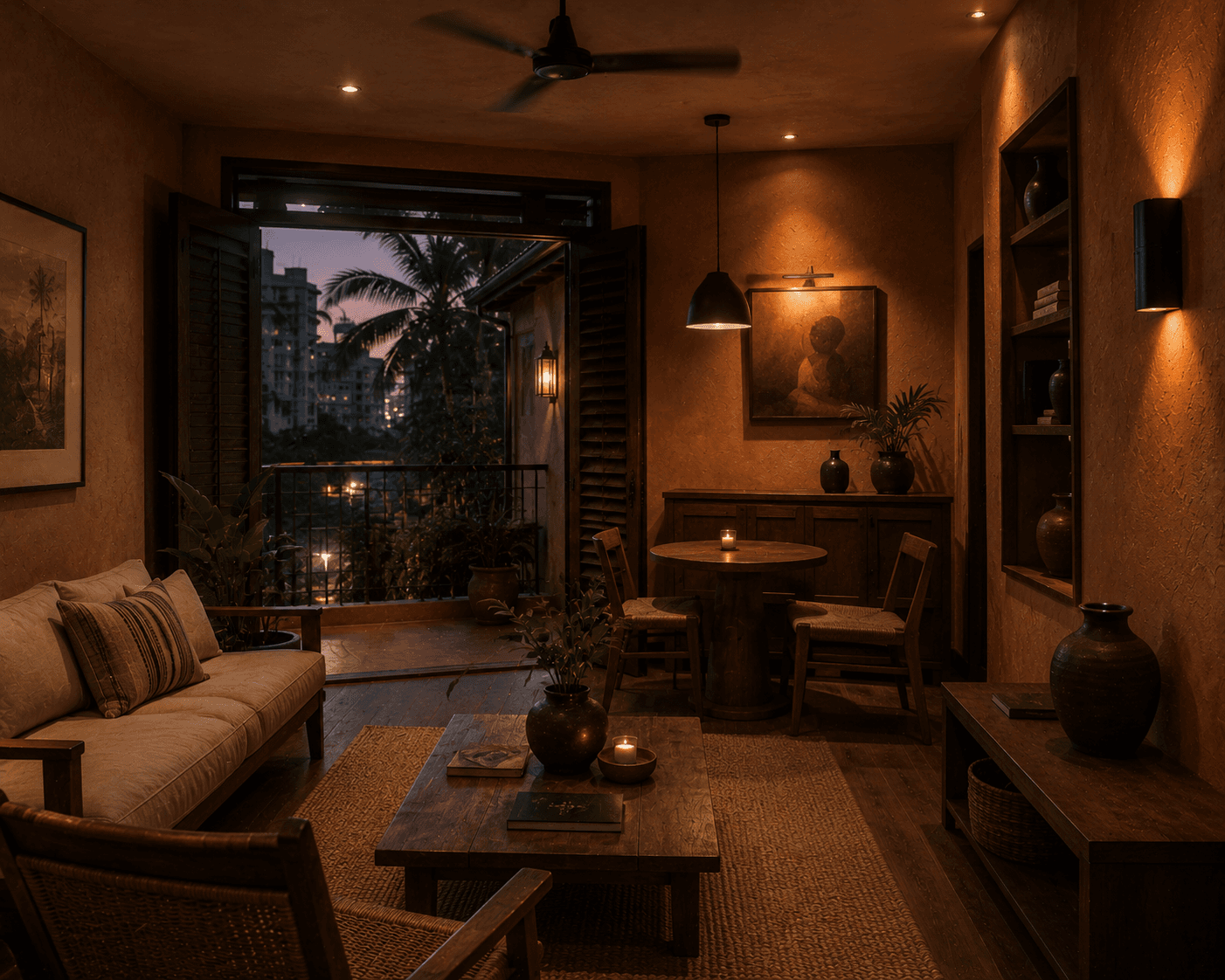 The living room at Ember House at dusk, doors open to a balcony view of the city.
