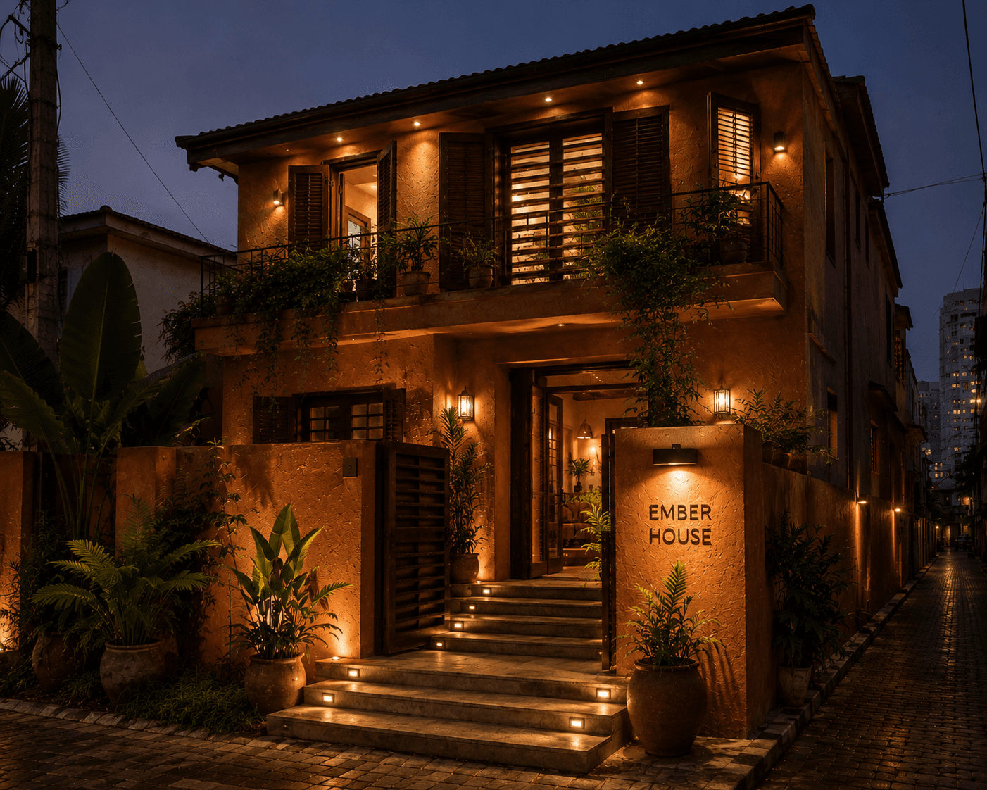 Ember House lit up after dark on its Lagos Island street.