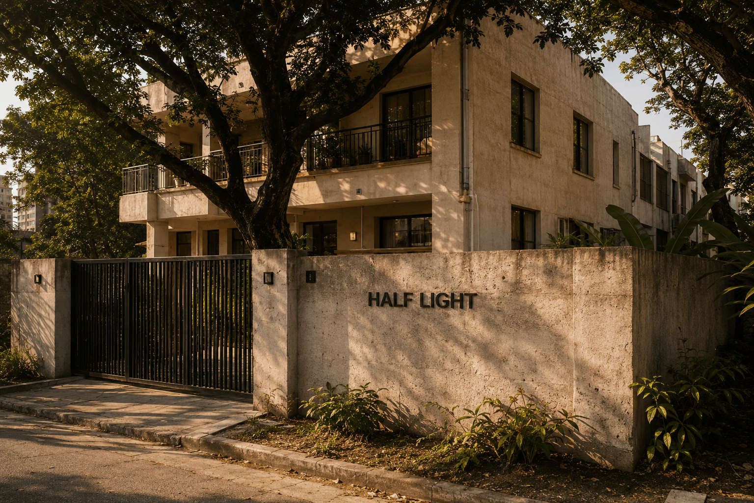 The gated entrance to Half Light in Yaba, framed by trees at golden hour.
