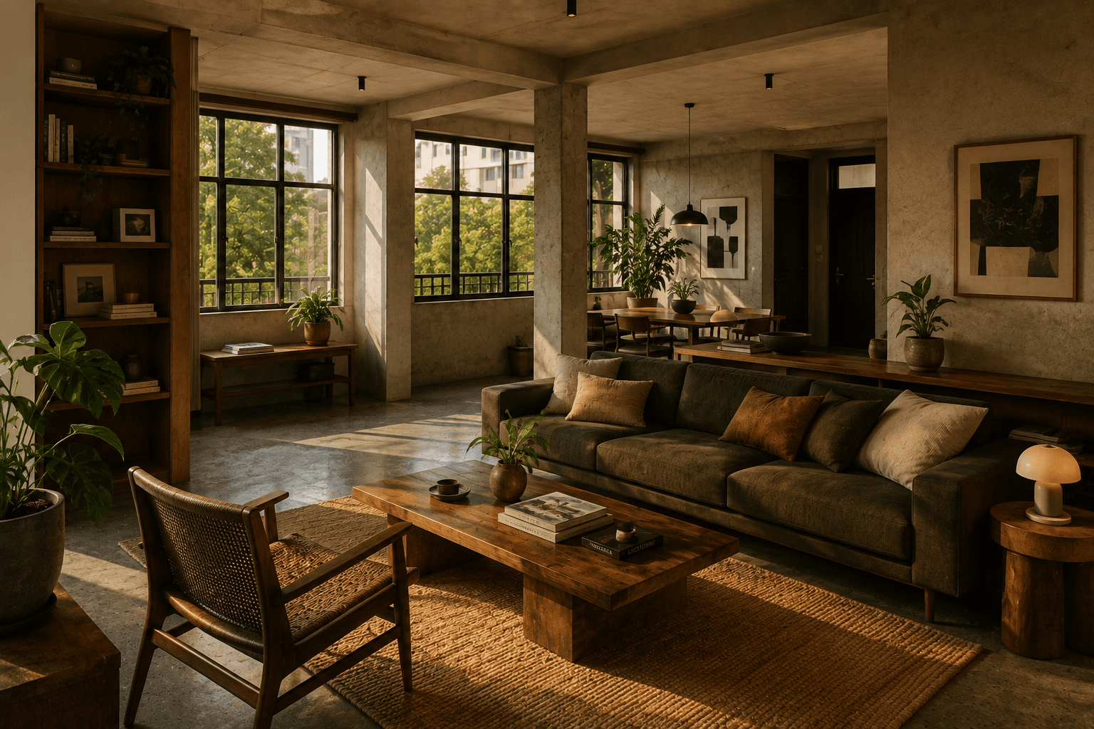 The living room at Half Light, with a green sofa and floor-to-ceiling windows looking onto trees.