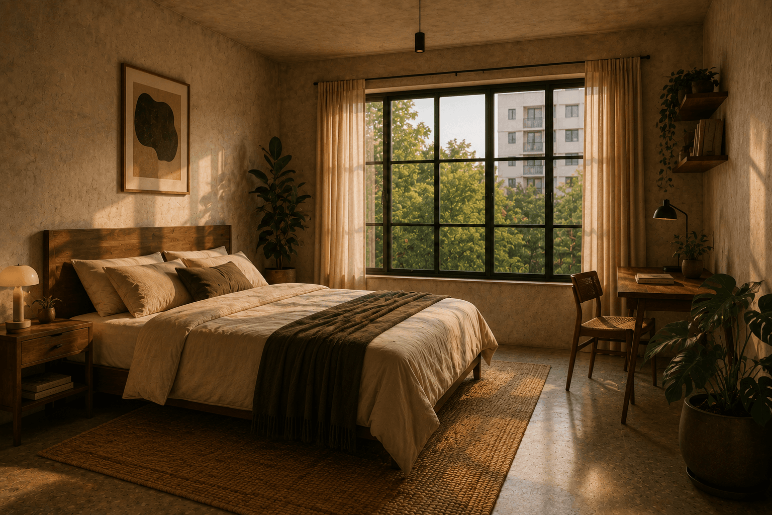 A bedroom at Half Light with cream linens, an olive throw, and a large window.