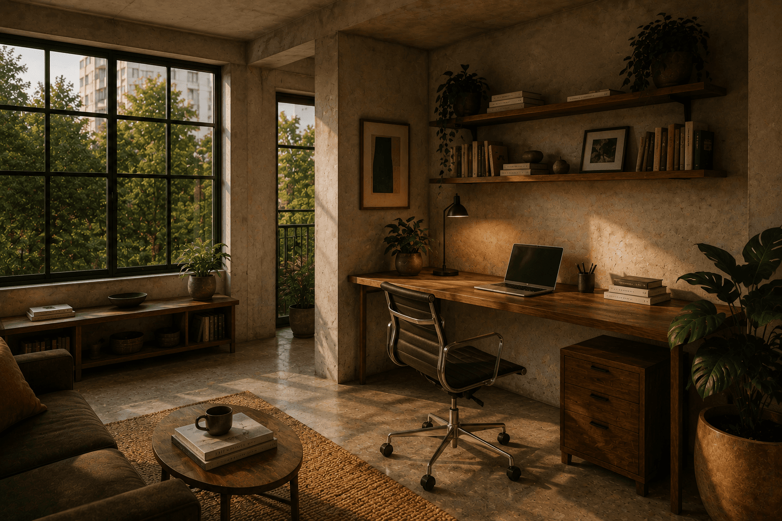 A desk nook at Half Light, with a laptop and open shelving beside a window.
