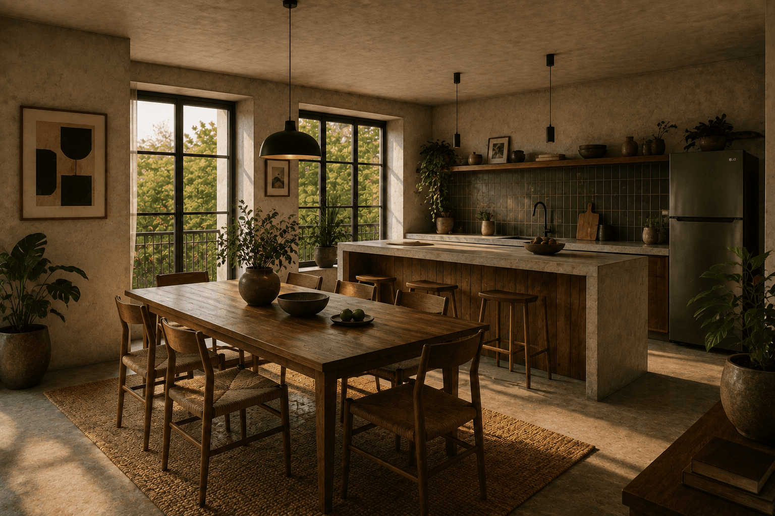 The dining table and kitchen island at Half Light, with a green-tiled backsplash.