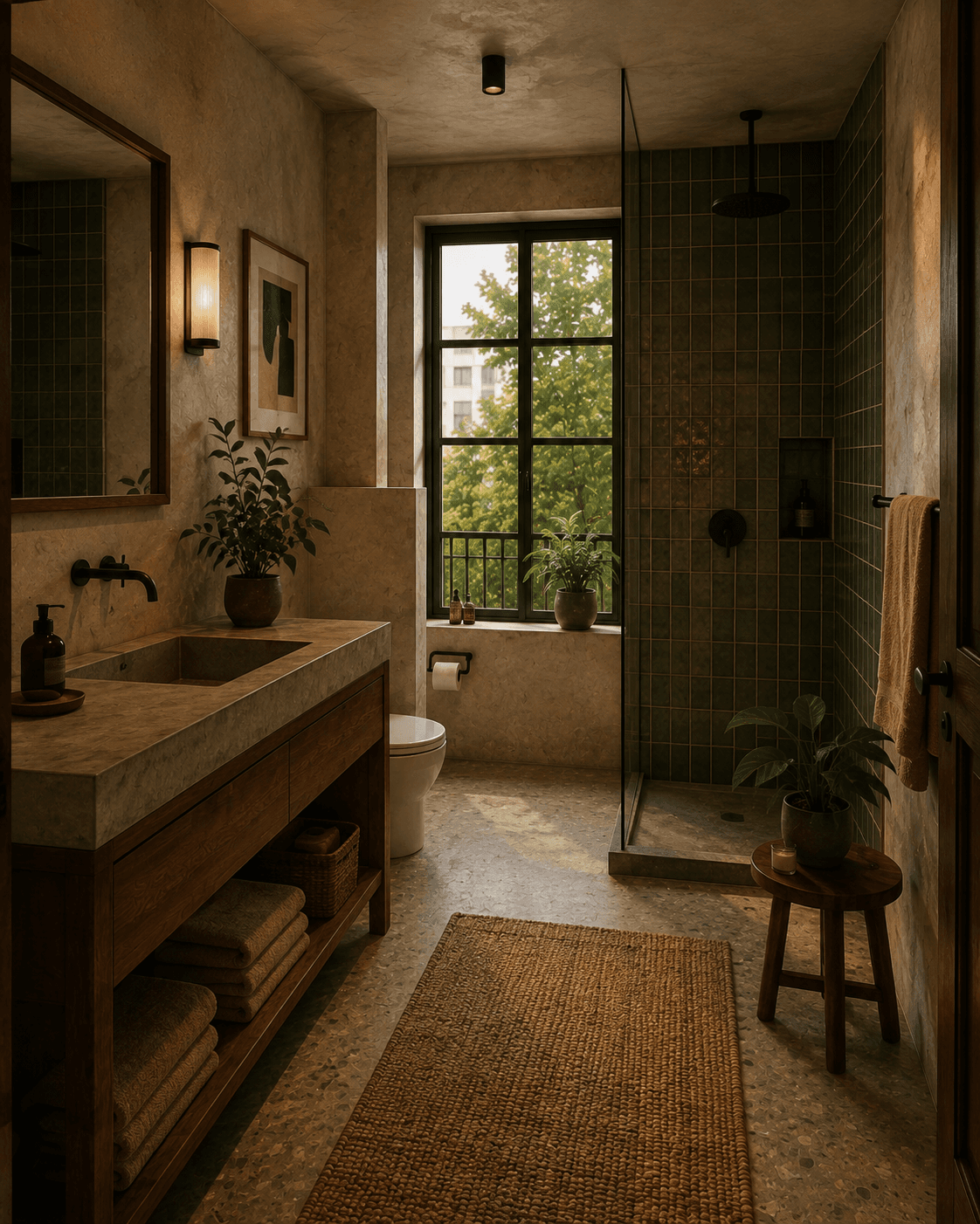 The bathroom at Half Light, with a stone vanity and a green-tiled walk-in shower.