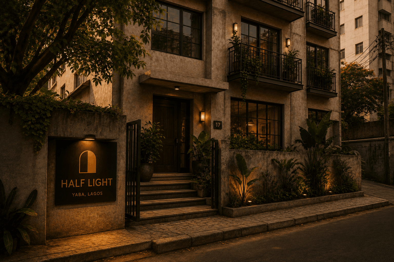 The street-level entrance to Half Light at dusk, with its sign lit above the door.