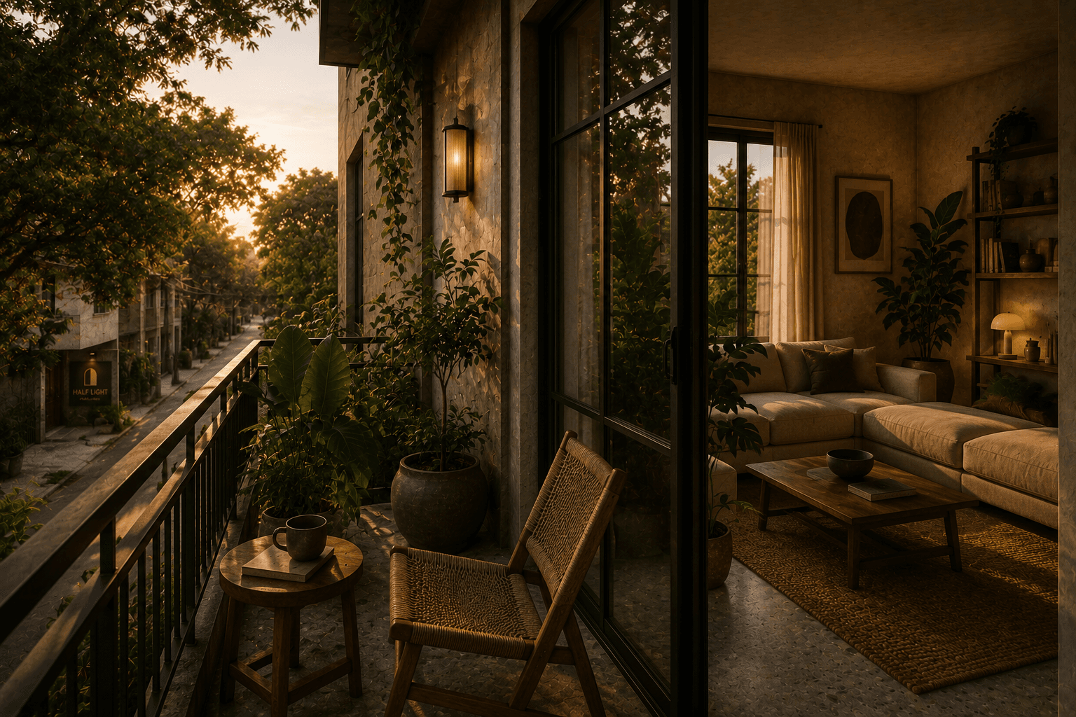 A balcony at Half Light overlooking a tree-lined street at dusk.