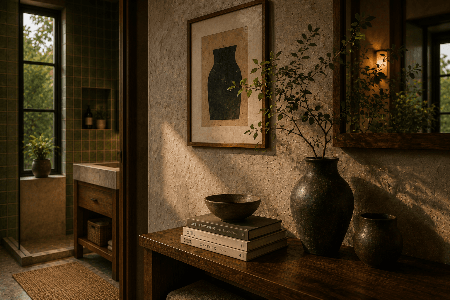 A console table at Half Light with a vase, bowl, and stacked books beneath framed art.