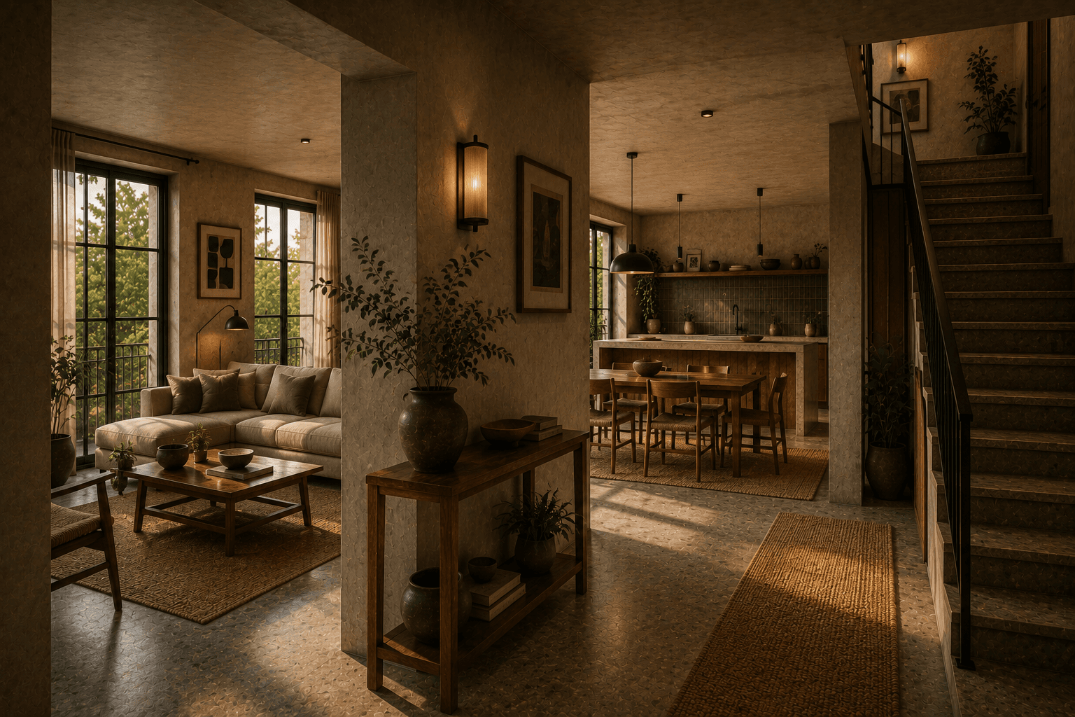 An interior view through Half Light's living room and kitchen toward the staircase.