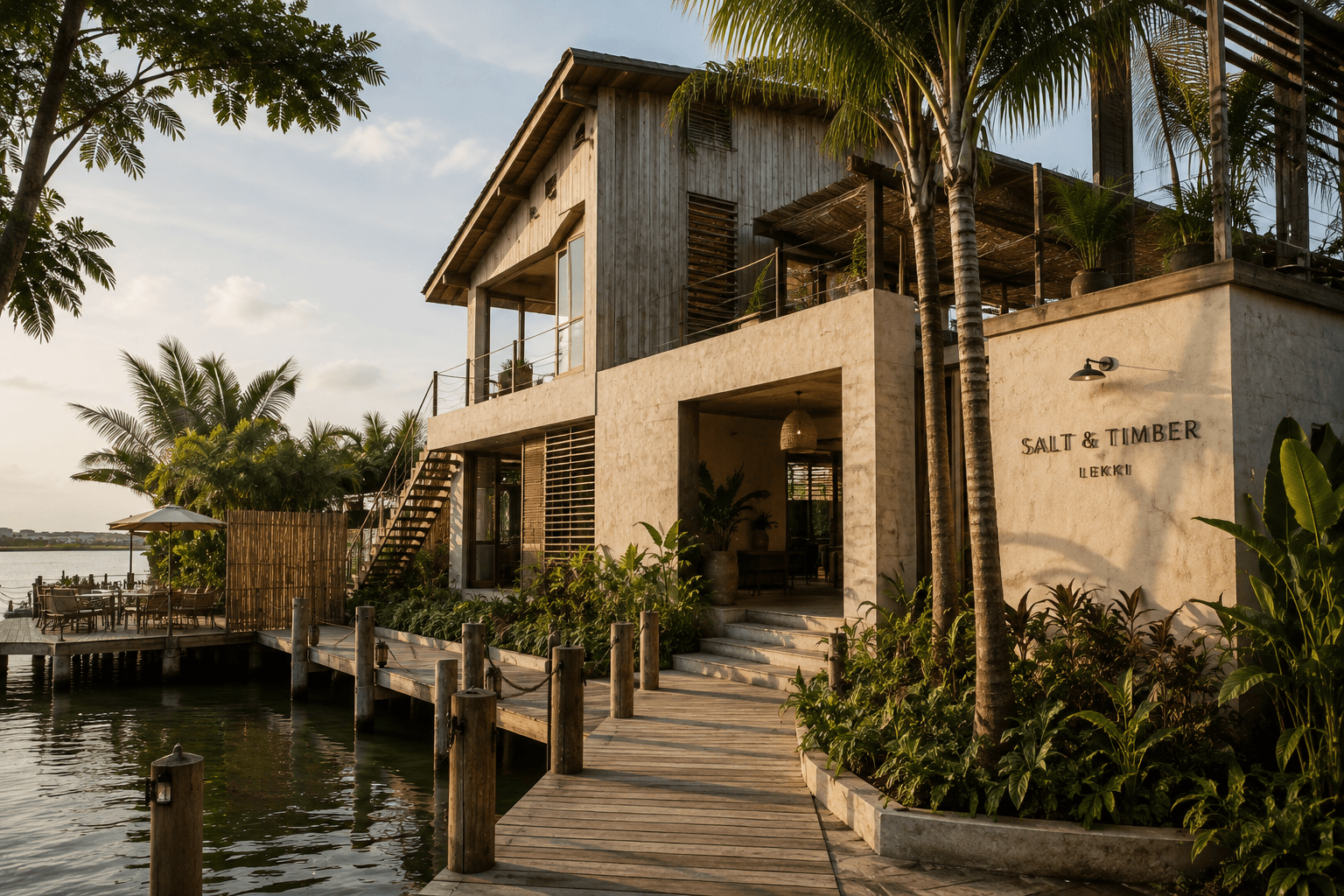 The waterside entrance to Salt & Timber in Lekki, built on a timber deck over the lagoon.