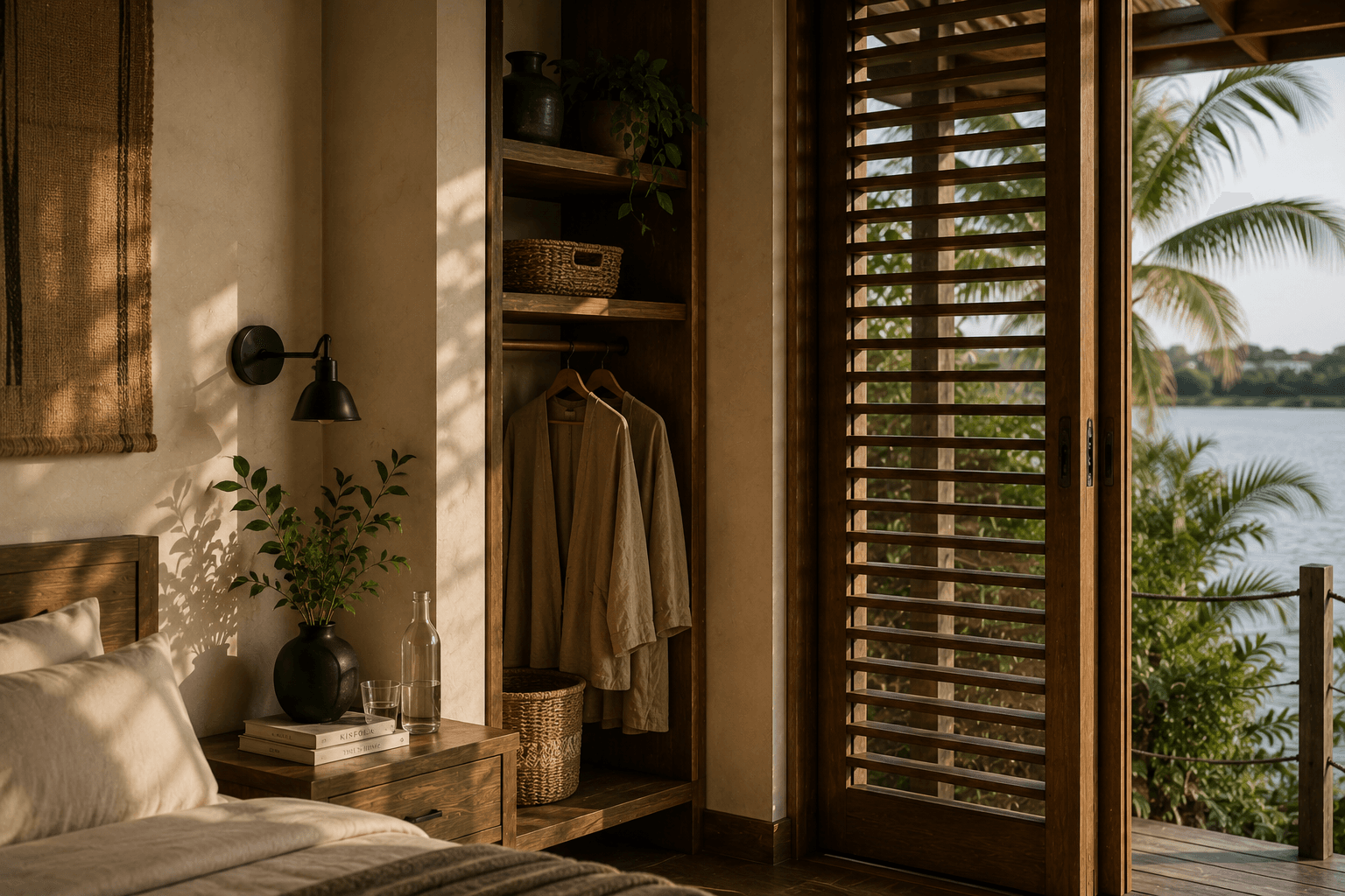 A wardrobe nook in the Waterside Room, louvre doors open to the lagoon.