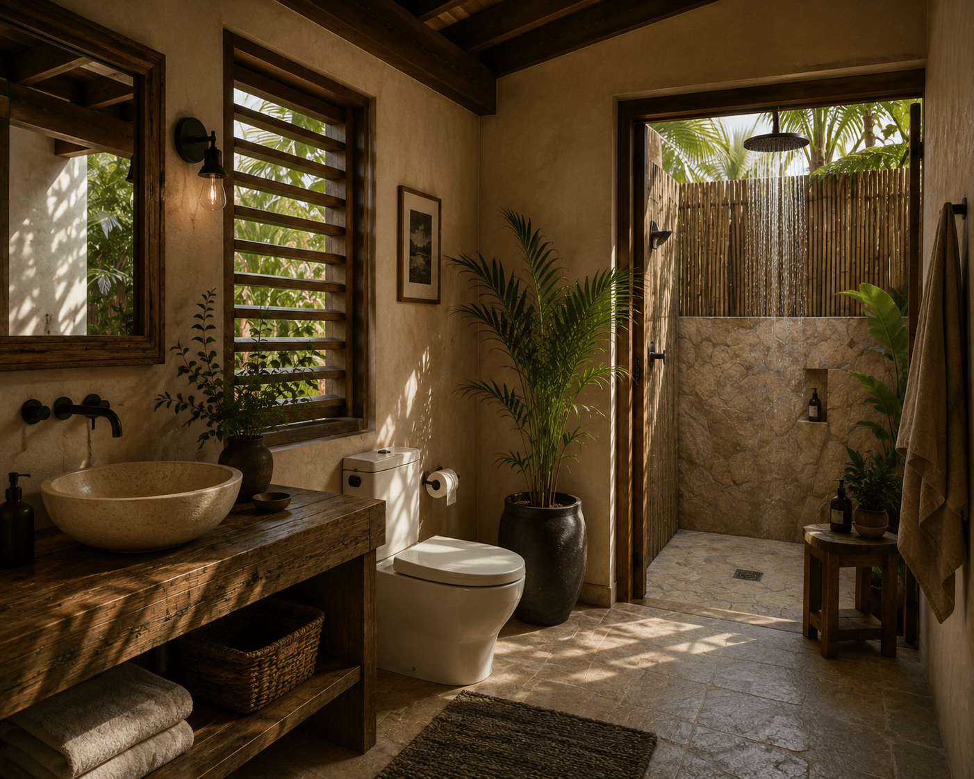 A bathroom at Salt & Timber with an outdoor-style shower behind a bamboo screen.