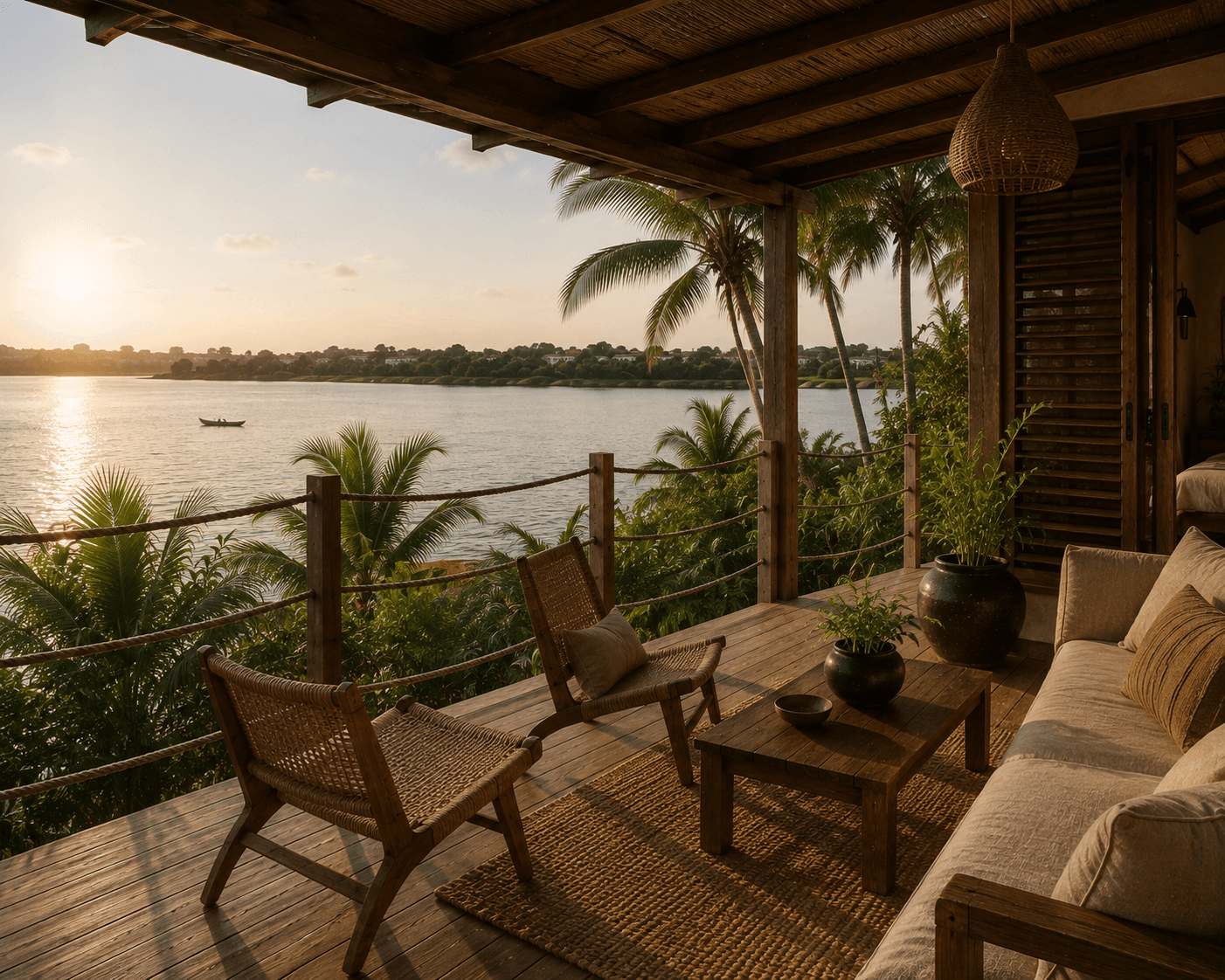 A lounge deck at Salt & Timber overlooking the lagoon at sunset.