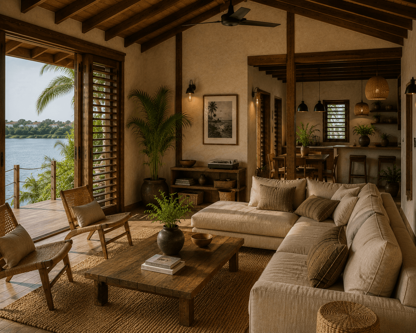 The living room at Salt & Timber, open to the dining area and bar beyond.