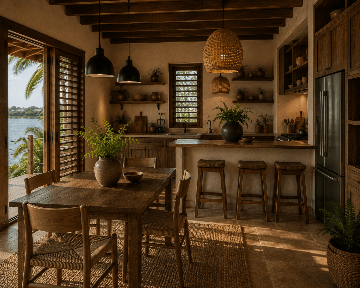 The kitchen at Salt & Timber, with woven pendant lights over a central island.