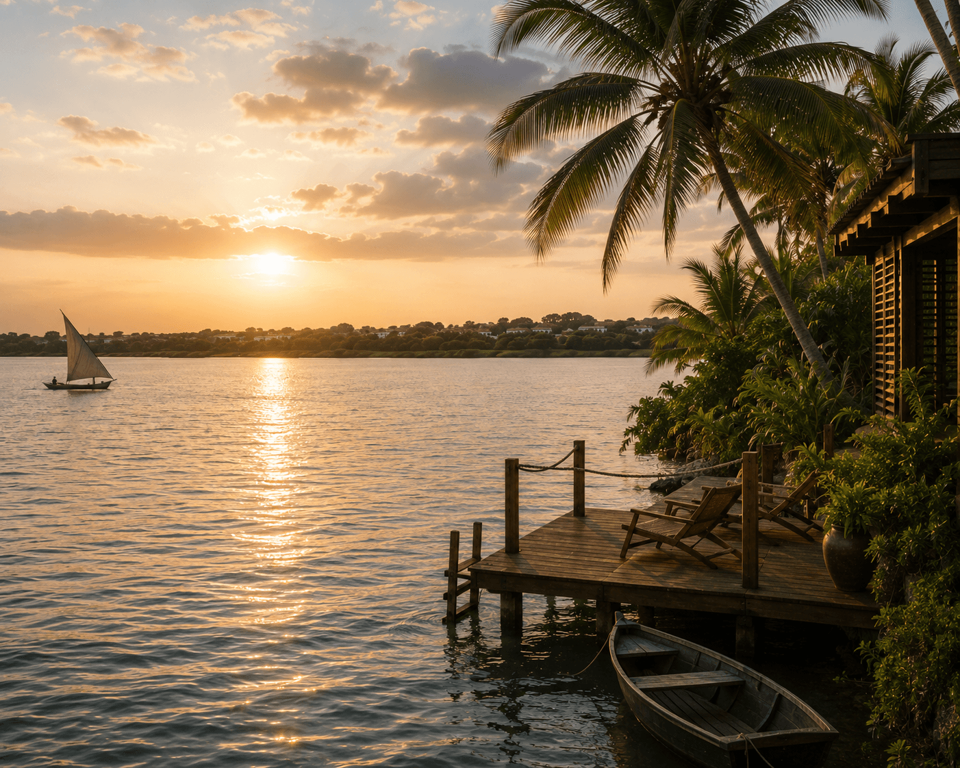 A sailboat crossing the lagoon at sunset, seen from Salt & Timber's private dock.